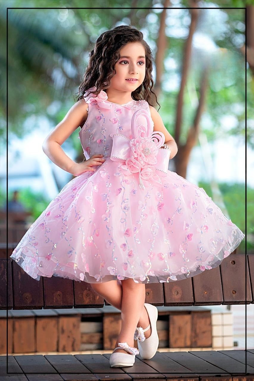 Baby Pink Floral Party Short Frock | Party Wear Kids Dress for Girls