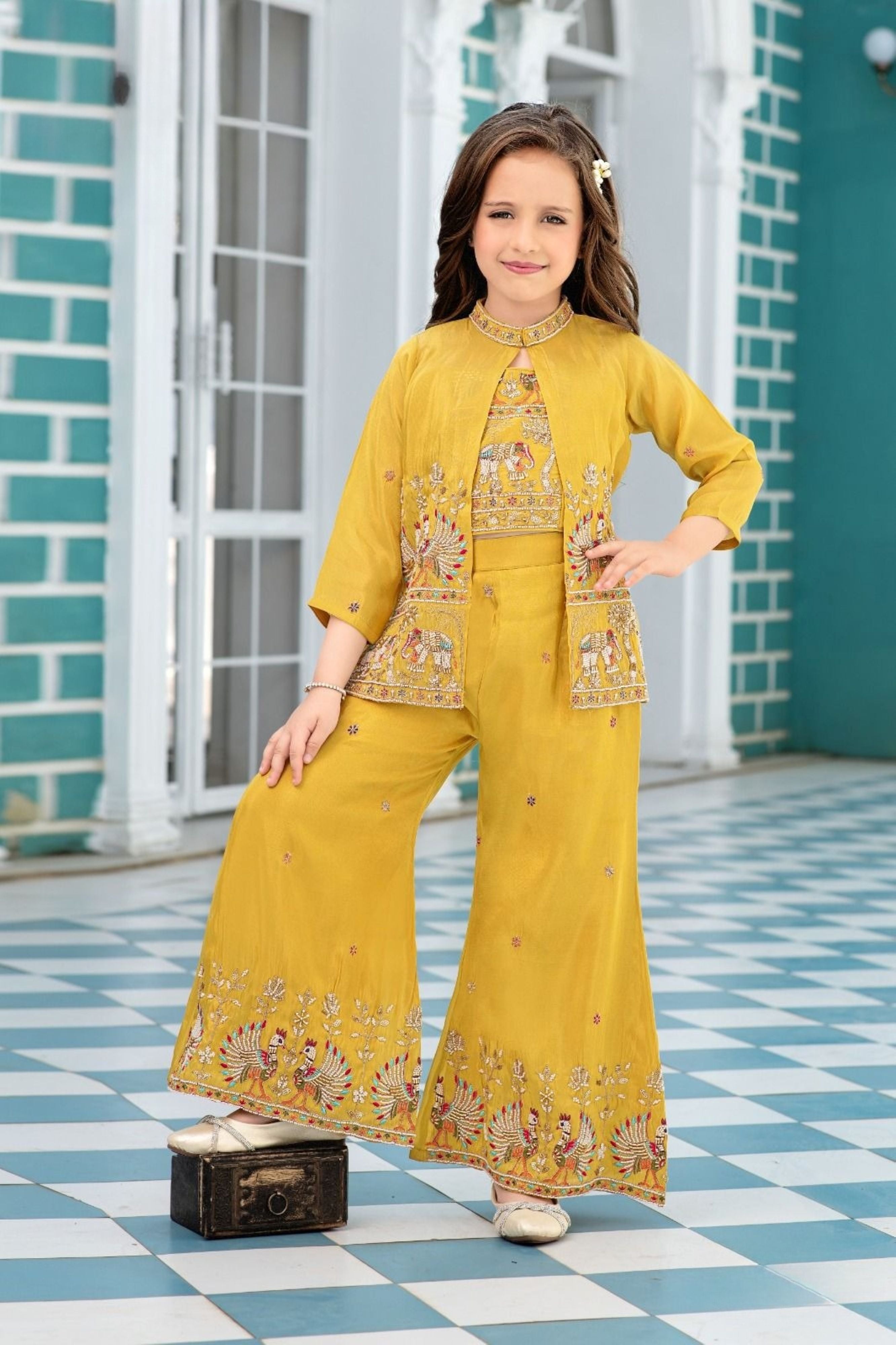 Royal Mustard Gold Embroidered Jacket Palazzo Set |  Kids Ethnic Outfit for Girls