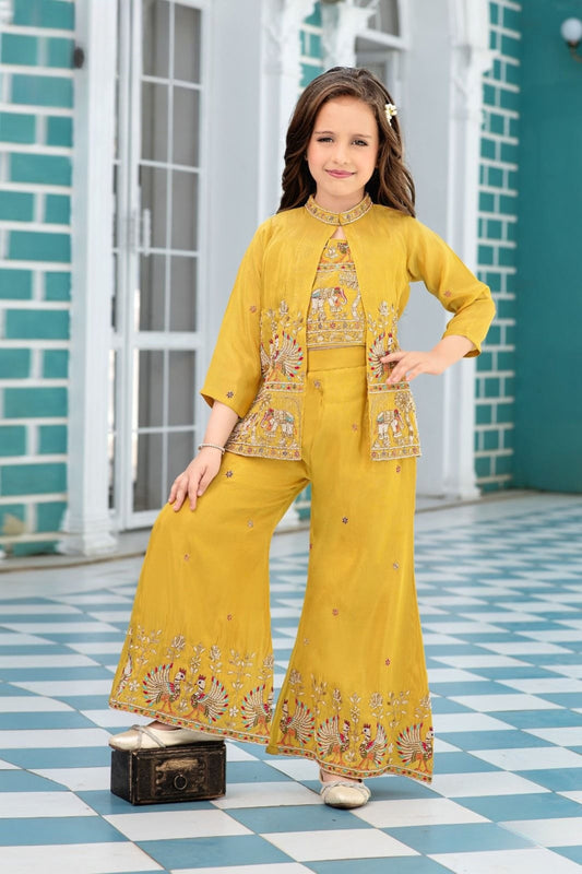 Royal Mustard Gold Embroidered Jacket Palazzo Set |  Kids Ethnic Outfit for Girls
