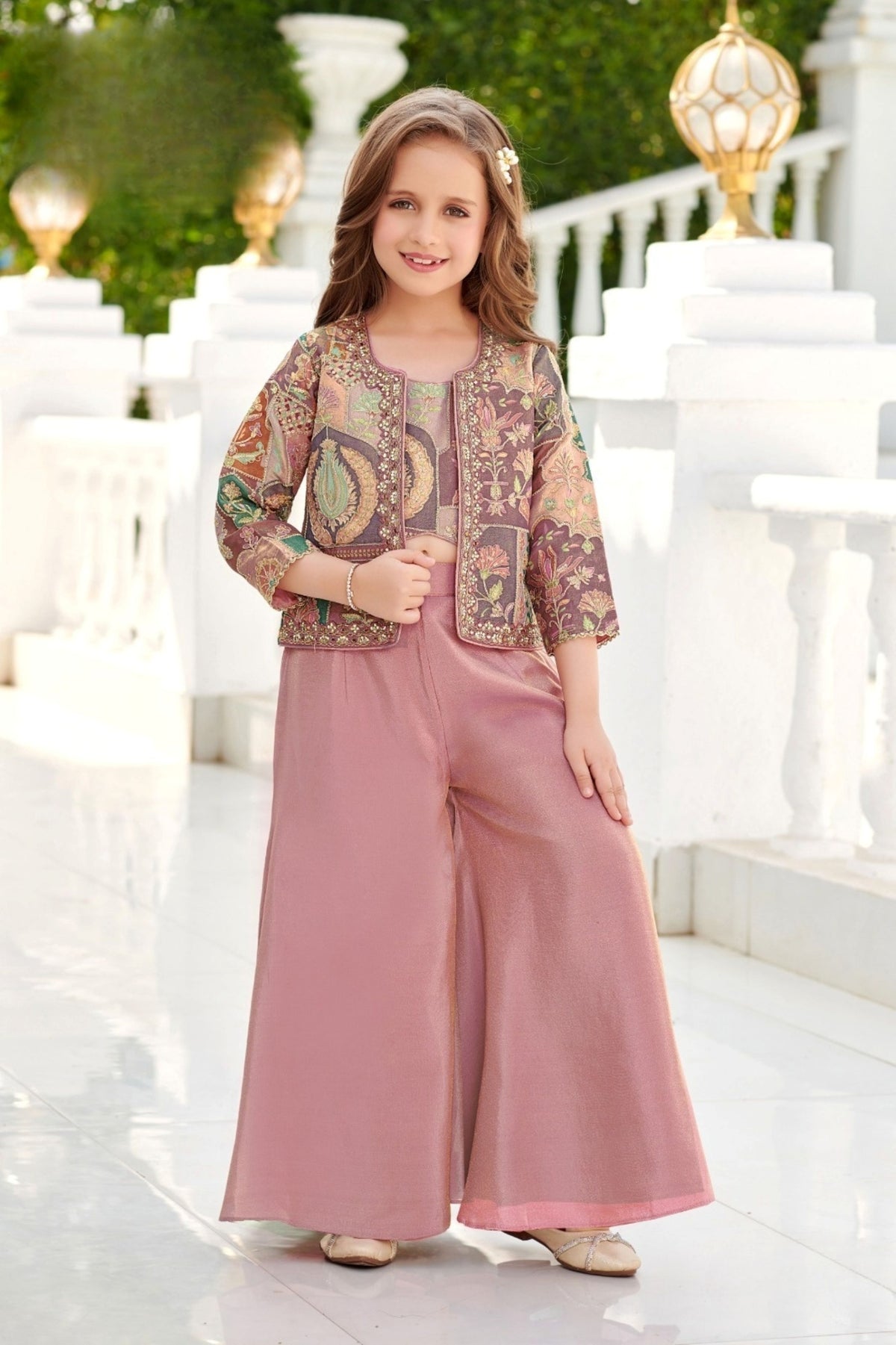 Vintage Rose Mauve Embroidered Jacket Palazzo Set | Kids Ethnic Outfit for Girls