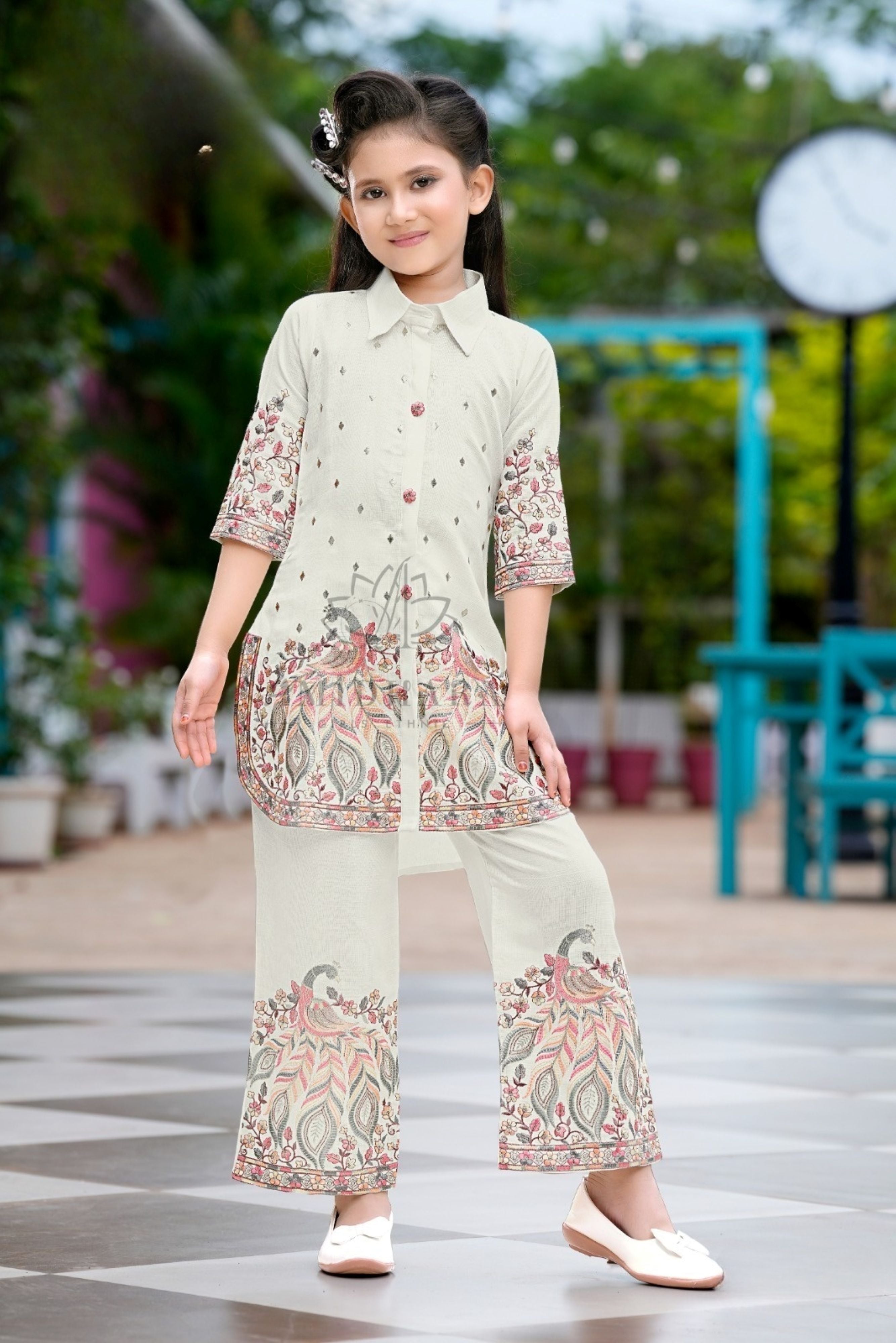 Ivory Sage Printed Kurta Palazzo Set | Kids Ethnic Outfit for Girls