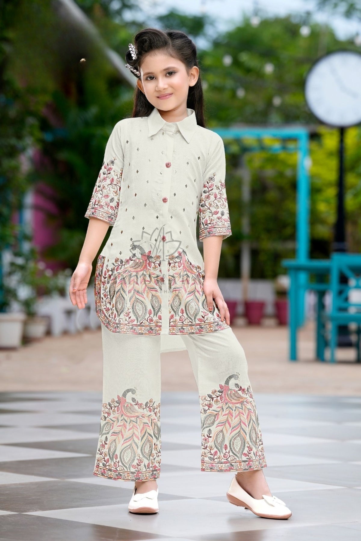Ivory Sage Printed Kurta Palazzo Set | Kids Ethnic Outfit for Girls