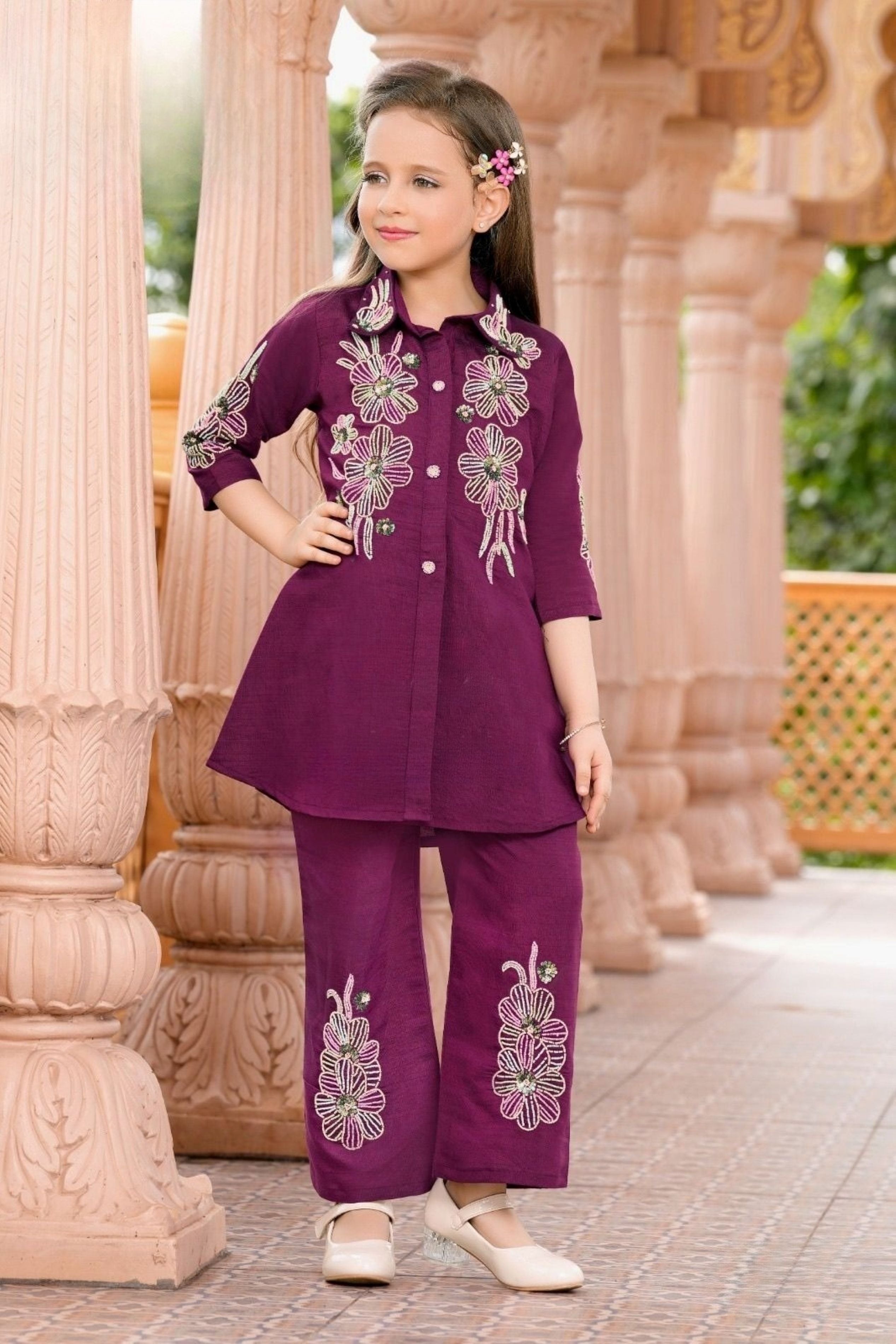 Royal Wine Embroidered Kurta Palazzo Set | Kids Ethnic Outfit for Girls