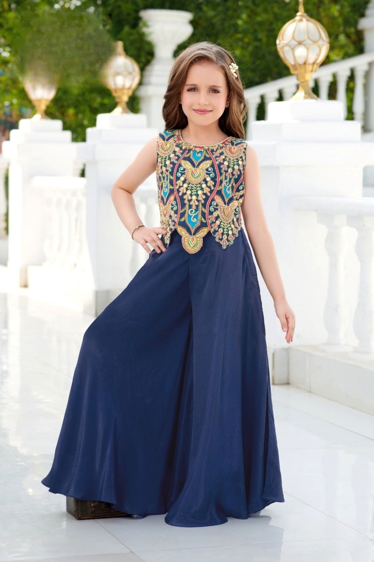 Royal Navy Blue Embroidered Palazzo Set | Kids Ethnic Outfit for Girls