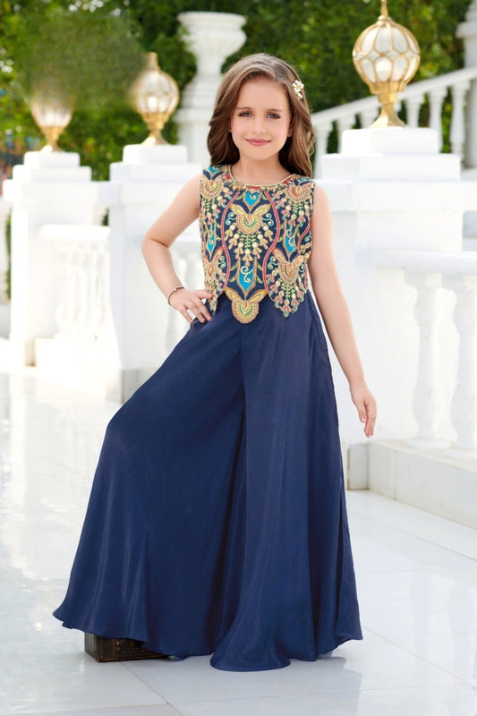 Royal Navy Blue Embroidered Palazzo Set | Kids Ethnic Outfit for Girls