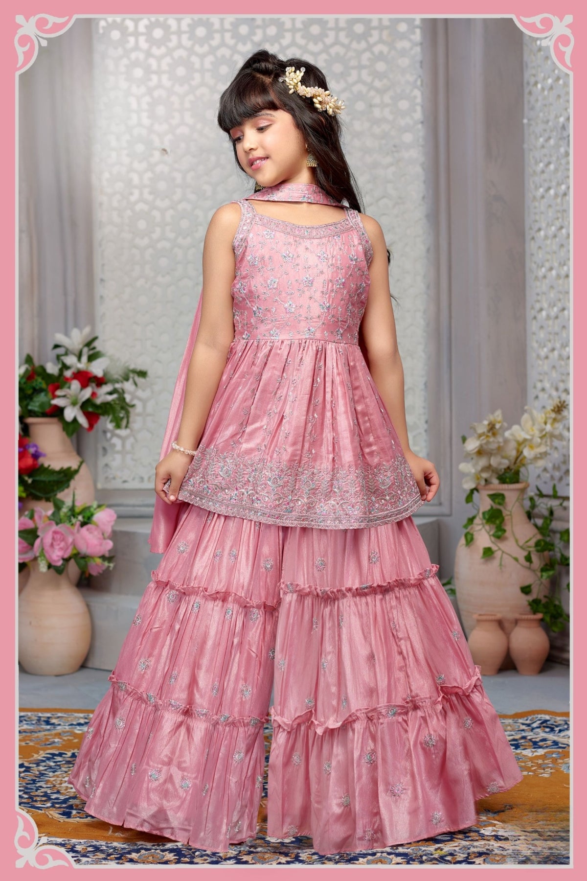 Blush Pink Tiered Ruffle Sharara with Embroidered Peplum Top Set | Kids Ethnic Outfit for Girls
