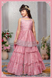 Blush Pink Tiered Ruffle Sharara with Embroidered Peplum Top Set | Kids Ethnic Outfit for Girls