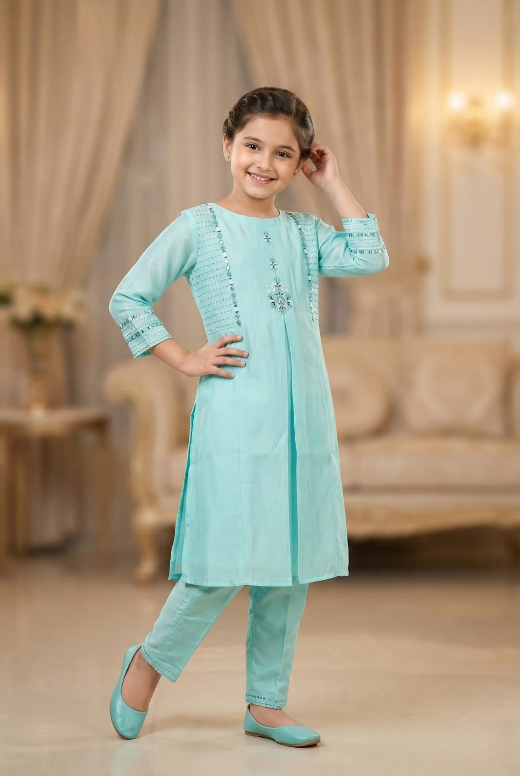 Aqua Green Mist Embroidered Salwar Suit | Kids Ethnic Outfit for Girls