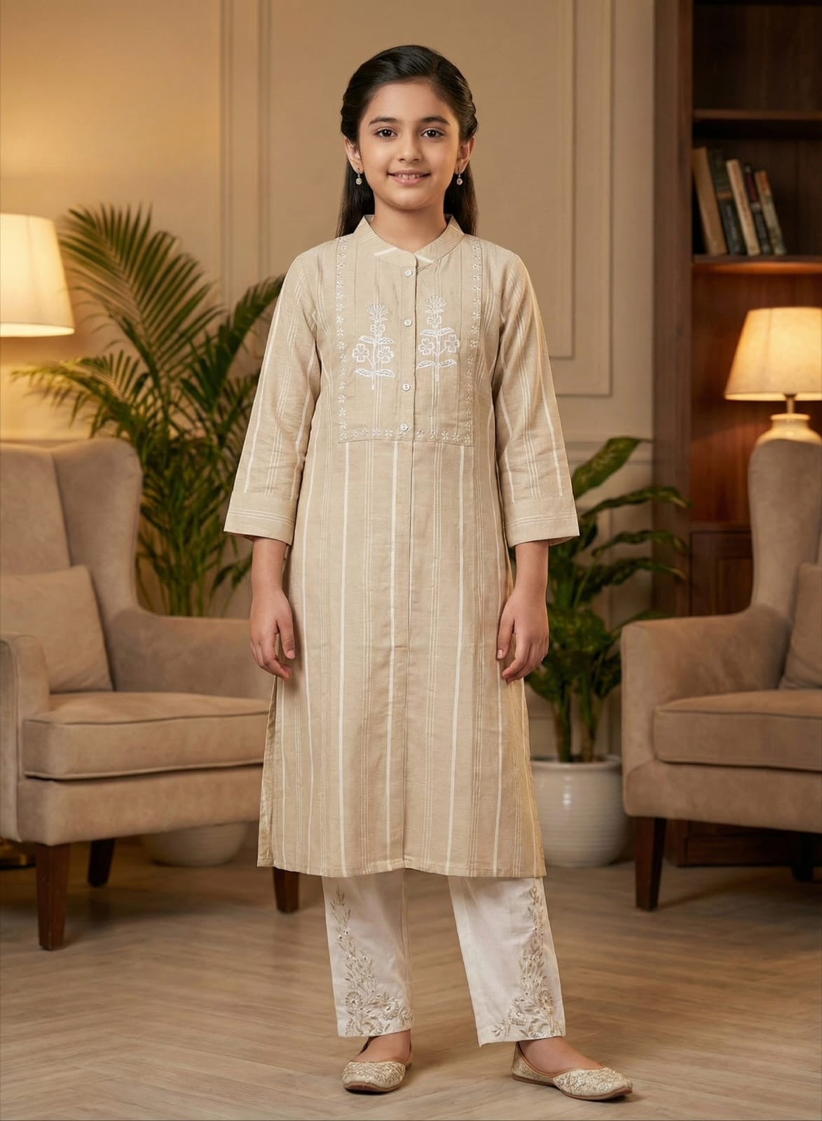 Sandstone Chikoo Grace Embroidered Kurta Set | Kids Ethnic Outfit for Girls