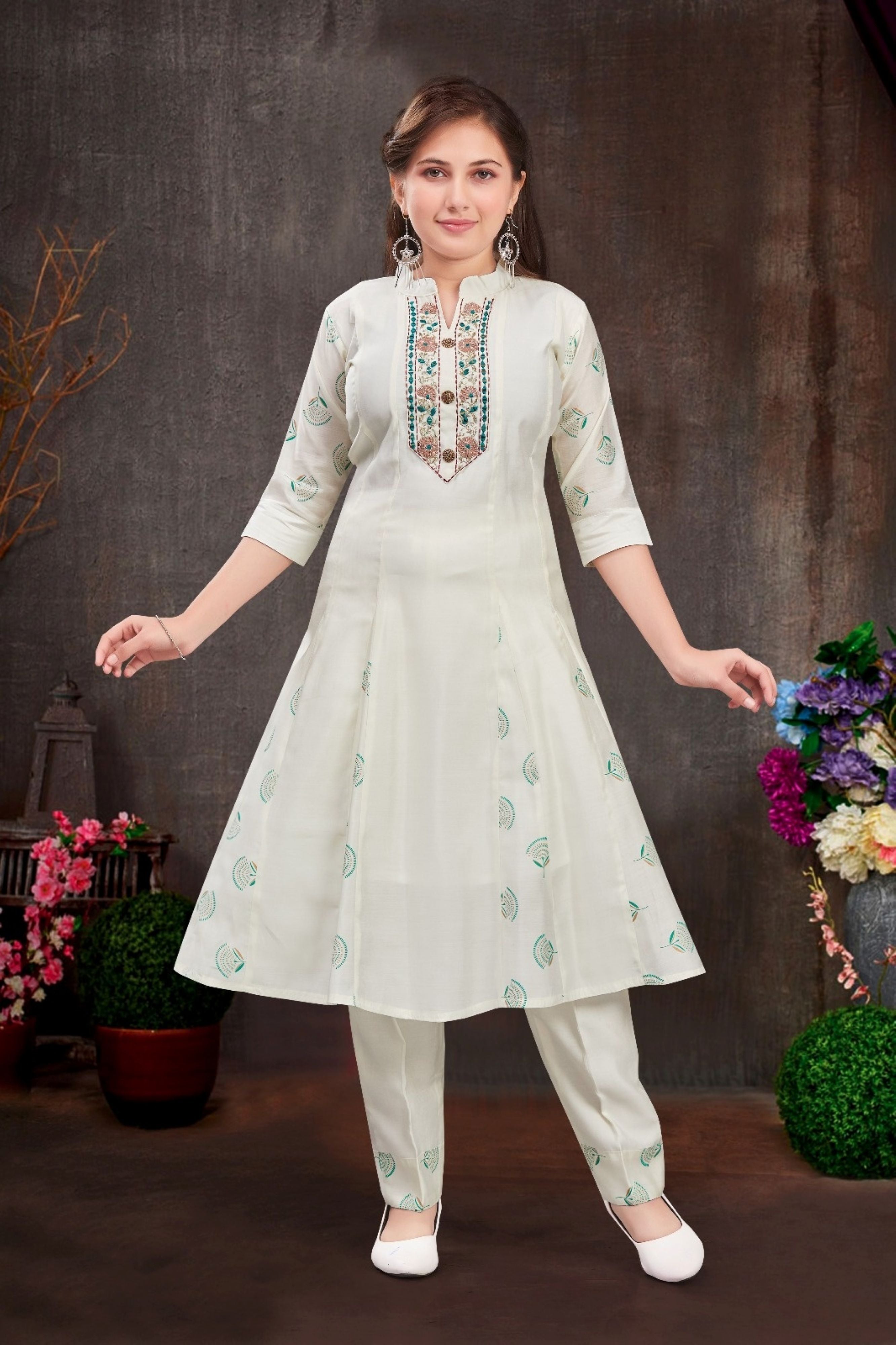 Ivory Green Aura Embroidered Salwar Suit | Kids Ethnic Outfit for Girls