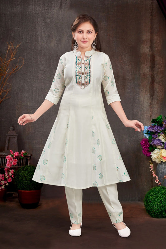 Ivory Green Aura Embroidered Salwar Suit | Kids Ethnic Outfit for Girls