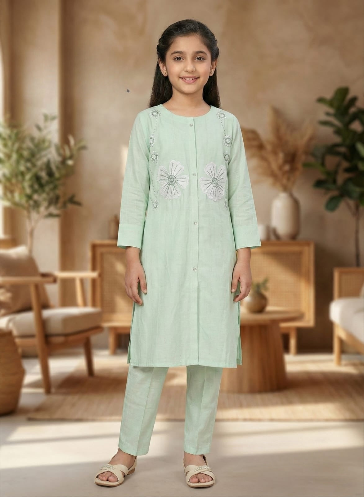 Mint Green Meadow Embroidered Salwar Suit | Kids Ethnic Outfit for Girls