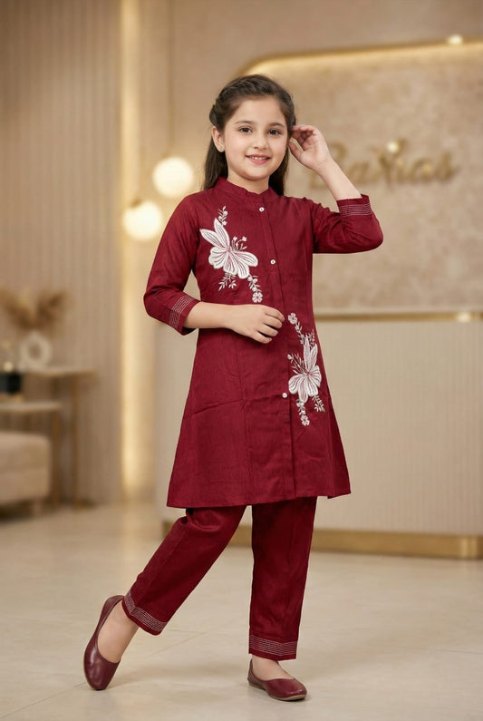 Ruby Maroon Bloom Embroidered Kurta Set | Kids Ethnic Outfit for Girls