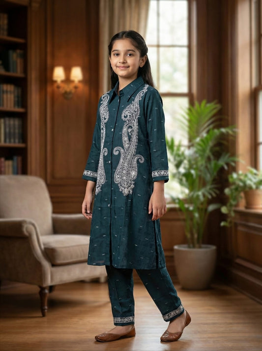 Royal Teal Blue Embroidered Salwar Suit | Kids Ethnic Outfit for Girls