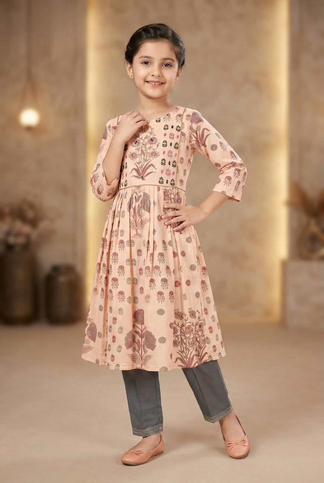 Peach Blossom Printed Salwar Suit | Kids Ethnic Outfit for Girls