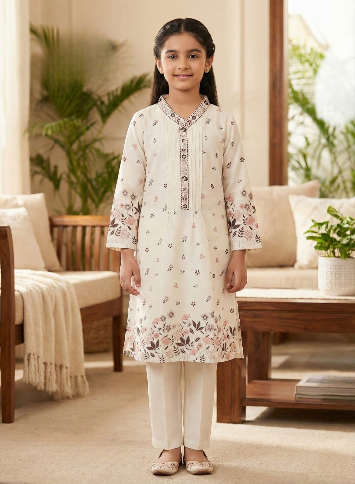 Ivory Cream Floral Printed Kurta Set | Kids Ethnic Outfit for Girls