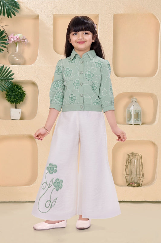 Mint Green Embroidered Top White Palazzo Set | Party Wear Kids Outfit for Girls