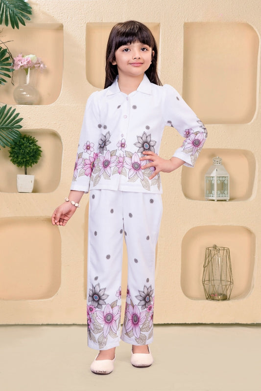 Pearl White Floral Jacket Pant Co-ord Set | Casual Wear Kids Outfit for Girls