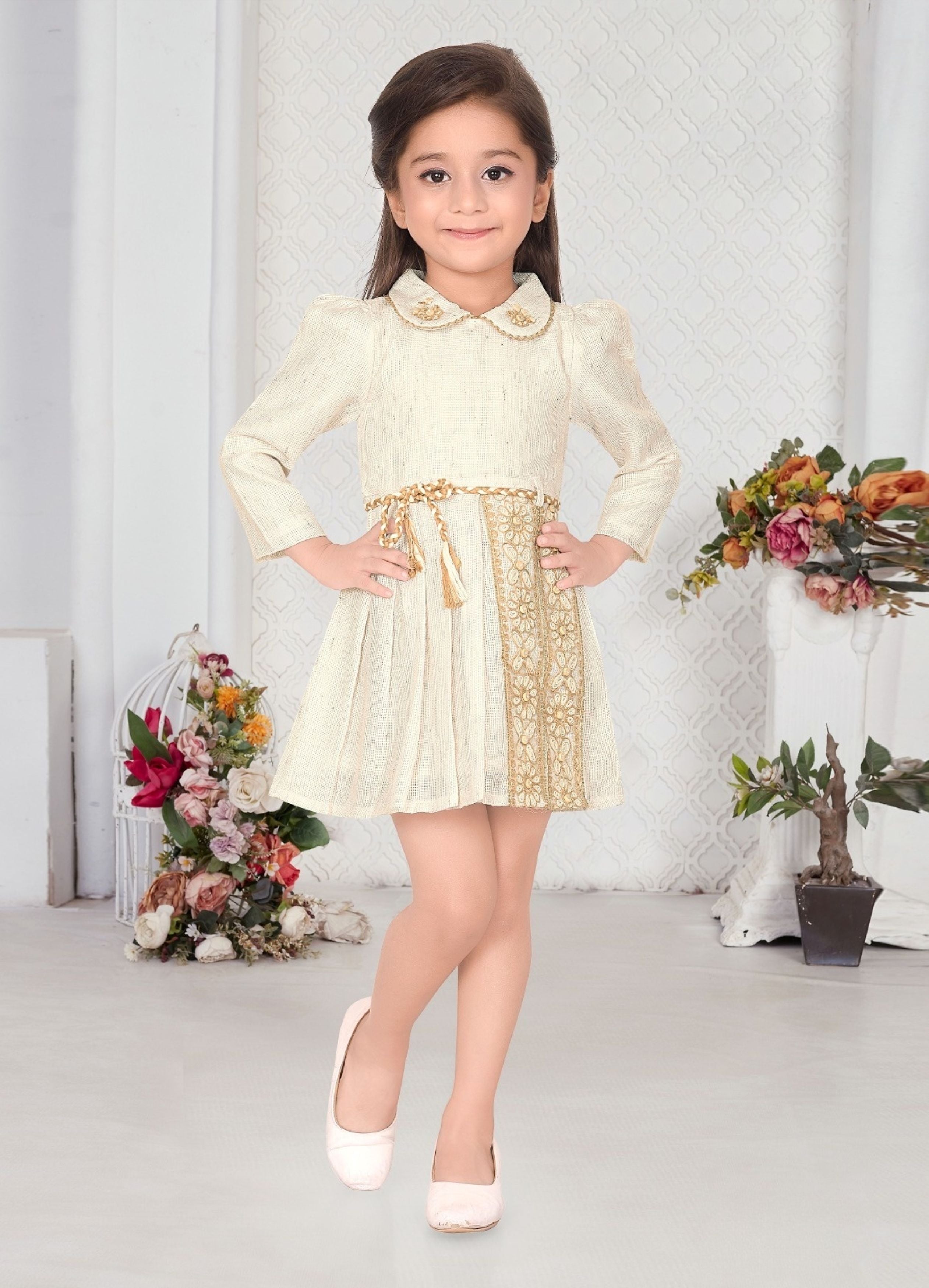 Ivory Cream Embellished Short Frock |  Party Wear Kids Dress for Girls