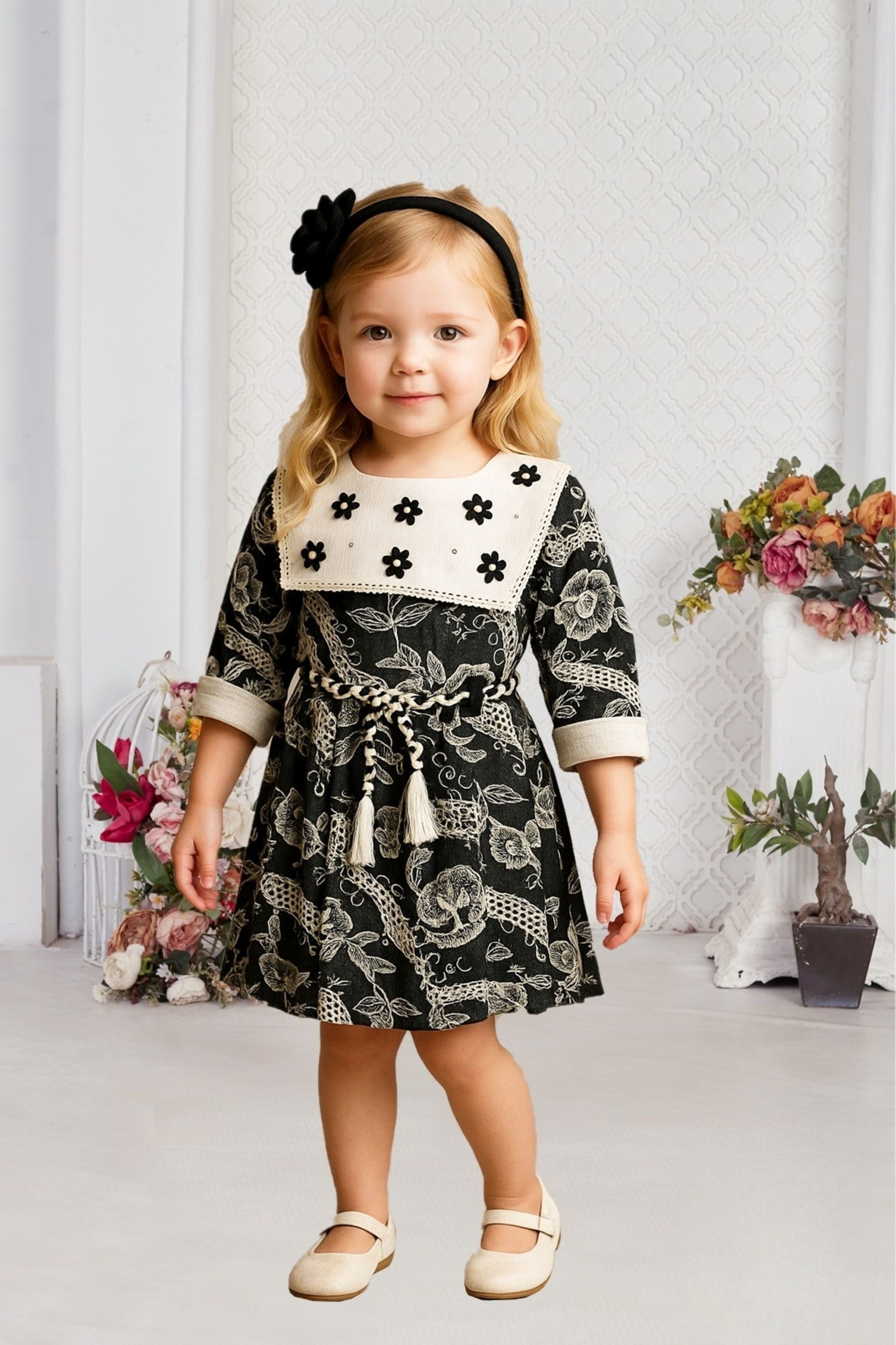 Black & Ivory Floral Short Frock | Casual  Wear Kids Dress for Girls