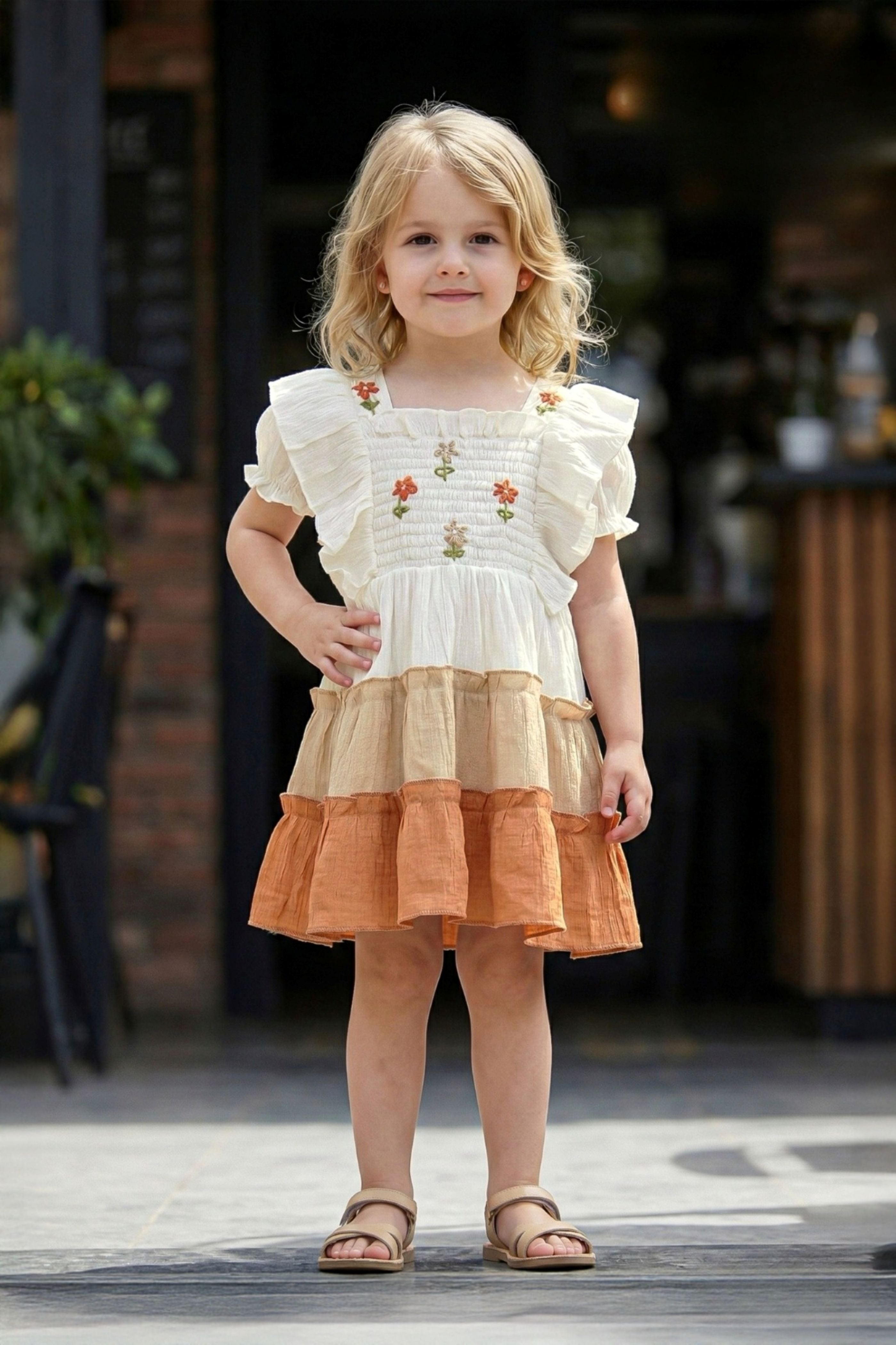 Ivory Tiered Embroidered Short Frock |  Party Wear Kids Dress for Girls