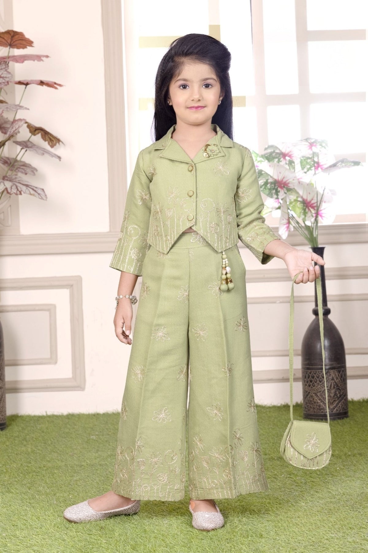Sage Green Embroidered Jacket Palazzo Set |  Party Wear Kids Outfit for Girls
