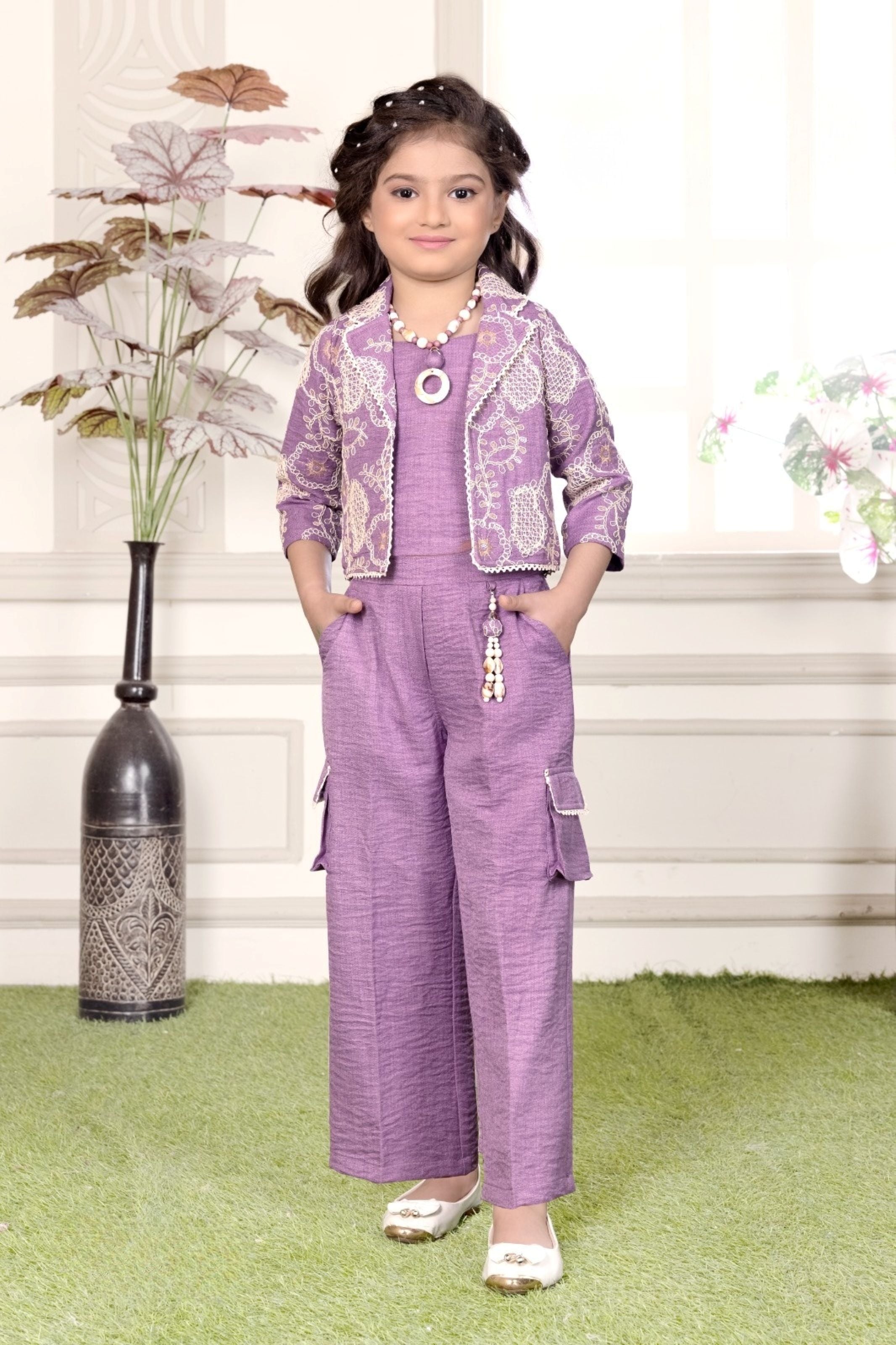 Royal Purple Embroidered Jacket Palazzo Set |  Party Wear Kids Outfit for Girls