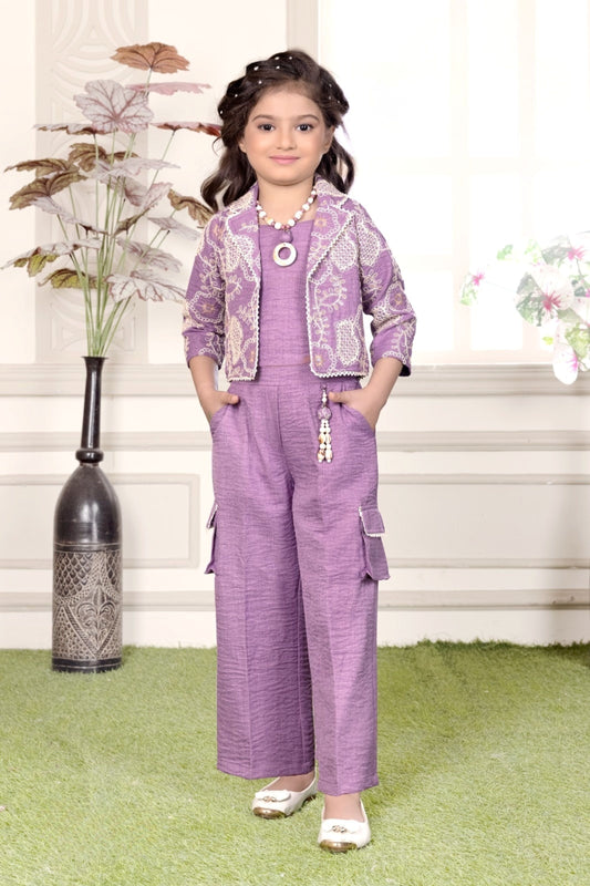 Royal Purple Embroidered Jacket Palazzo Set |  Party Wear Kids Outfit for Girls