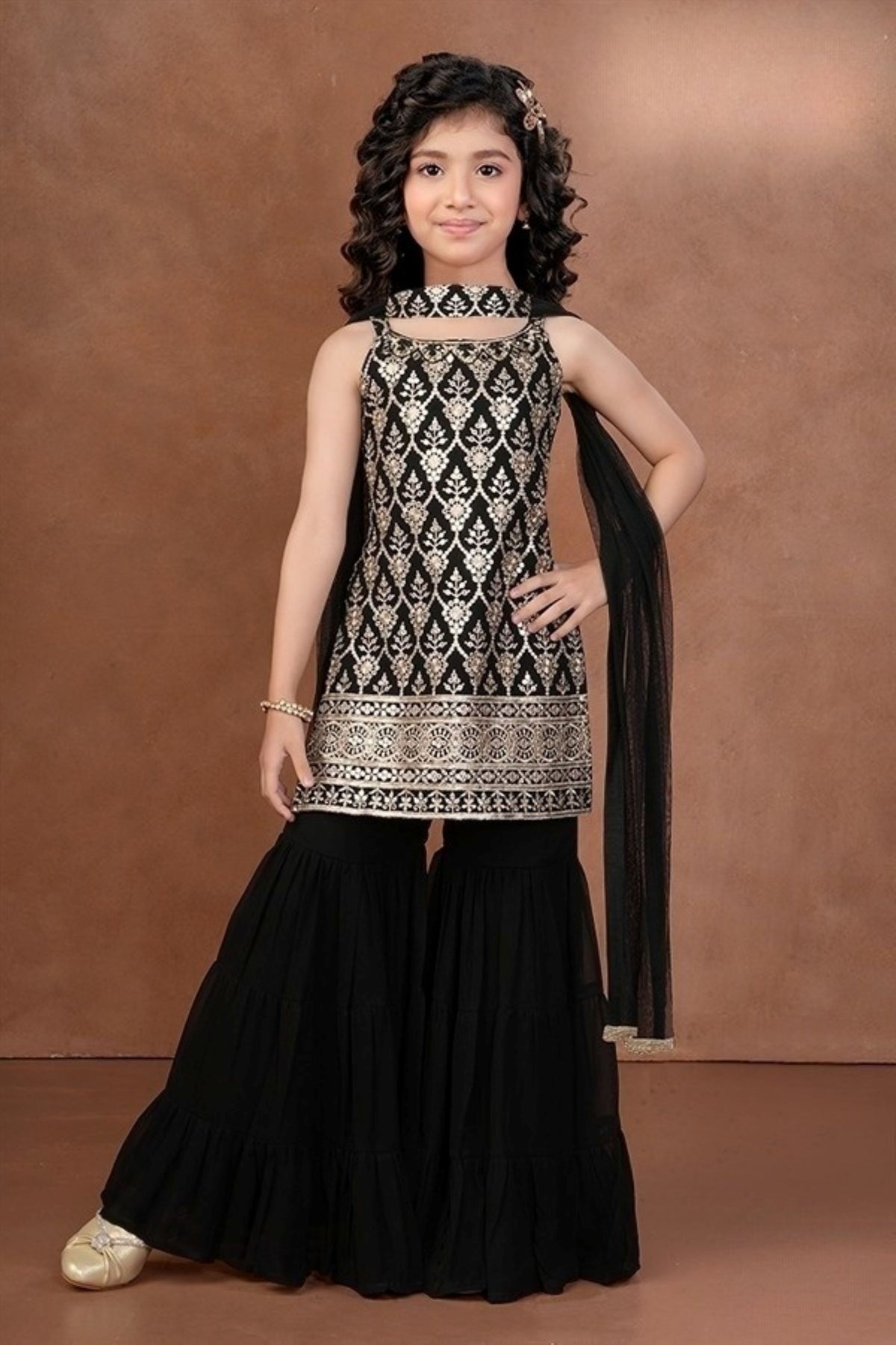 Midnight Black Royal Sharara Set | Kids Ethnic Outfit for Girls