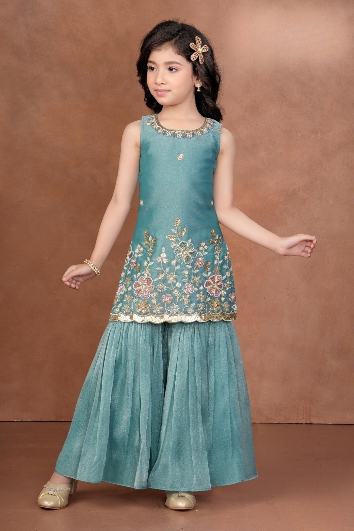 Teal Green Blossom Luxe Sharara Set | Kids Ethnic Outfit for Girls