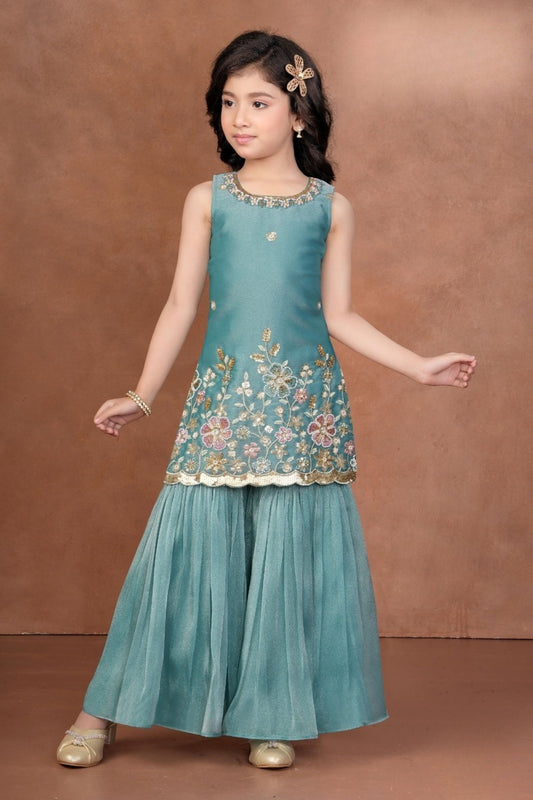 Teal Green Blossom Luxe Sharara Set | Kids Ethnic Outfit for Girls