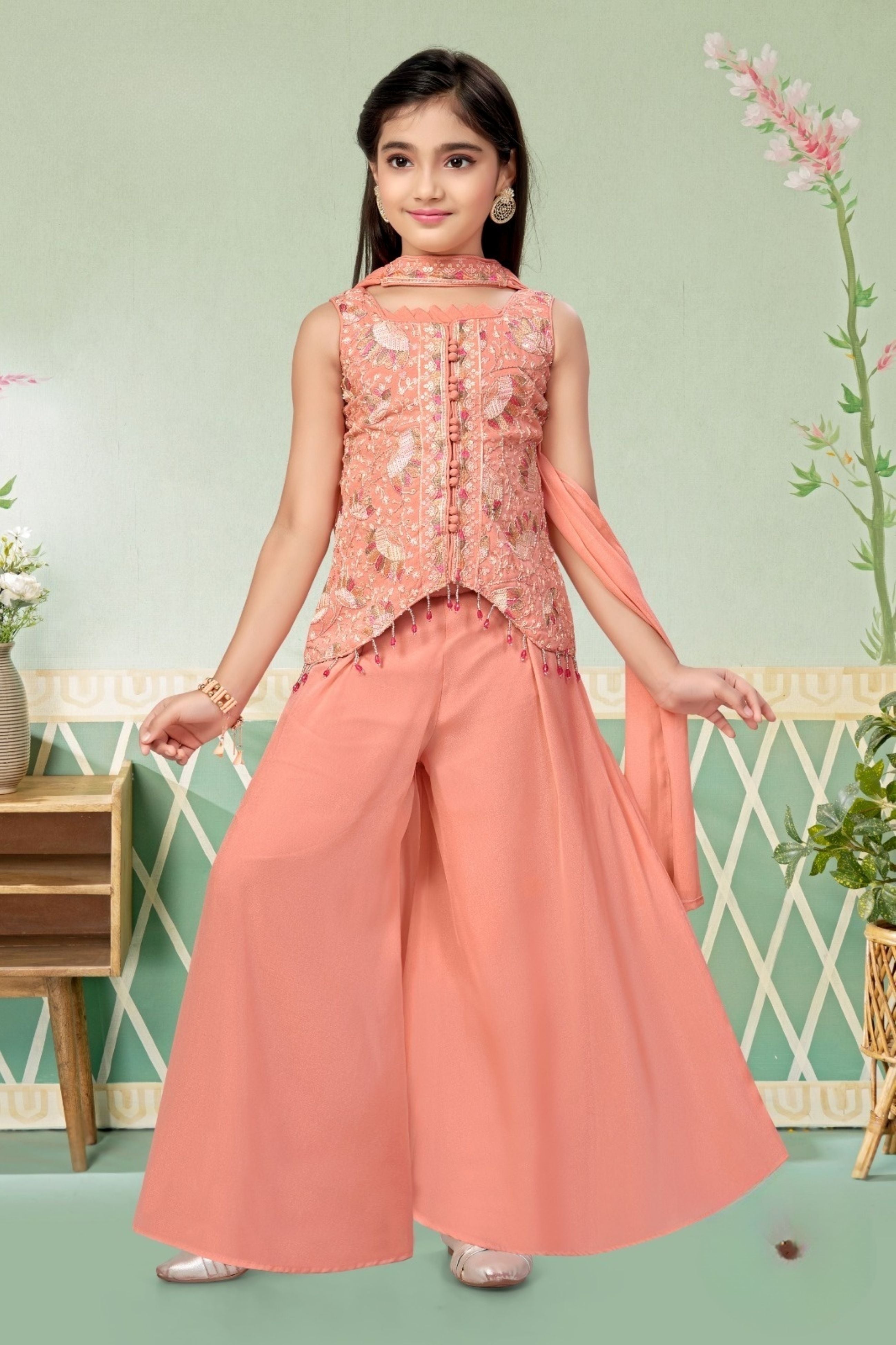 Coral Peach Blossom Luxe Sharara Set | Kids Ethnic Outfit for Girls