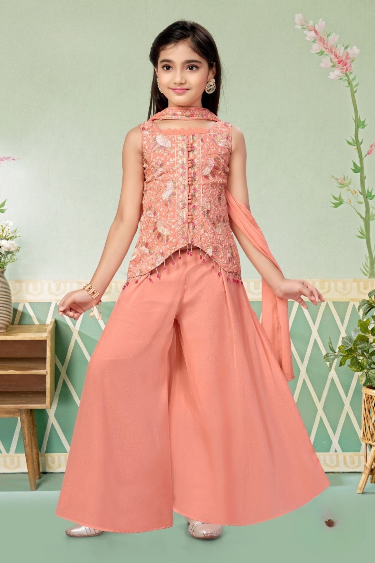 Coral Peach Blossom Luxe Sharara Set | Kids Ethnic Outfit for Girls