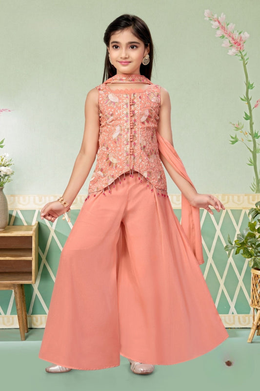Coral Peach Blossom Luxe Sharara Set | Kids Ethnic Outfit for Girls
