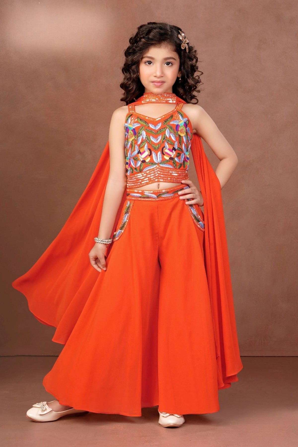 Fiesta Flame Embroidered Palazzo Set | Kids Ethnic Outfit for Girls