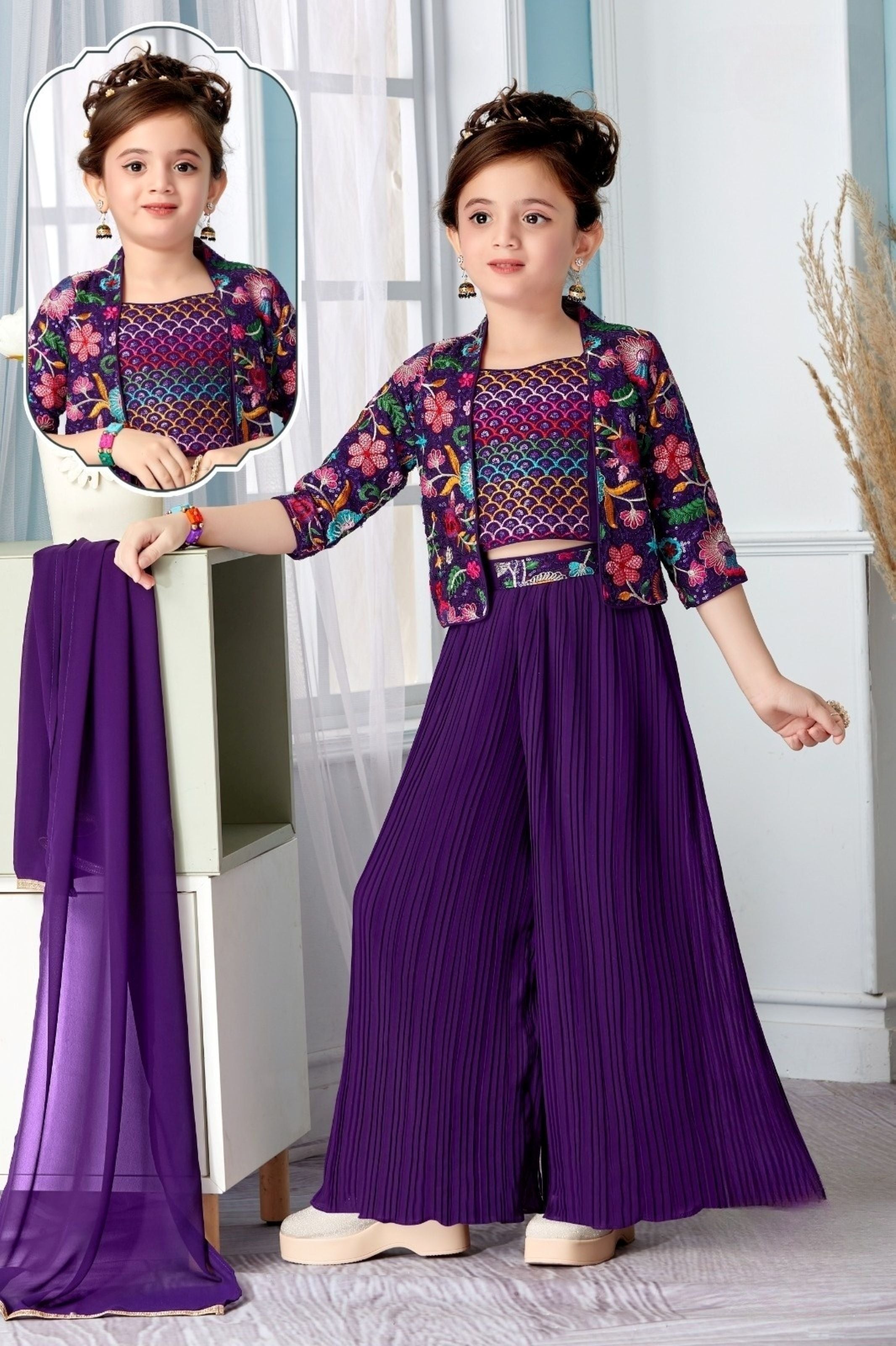 Royal Purple Amethyst Embroidered Palazzo Set | Kids Ethnic Outfit for Girls