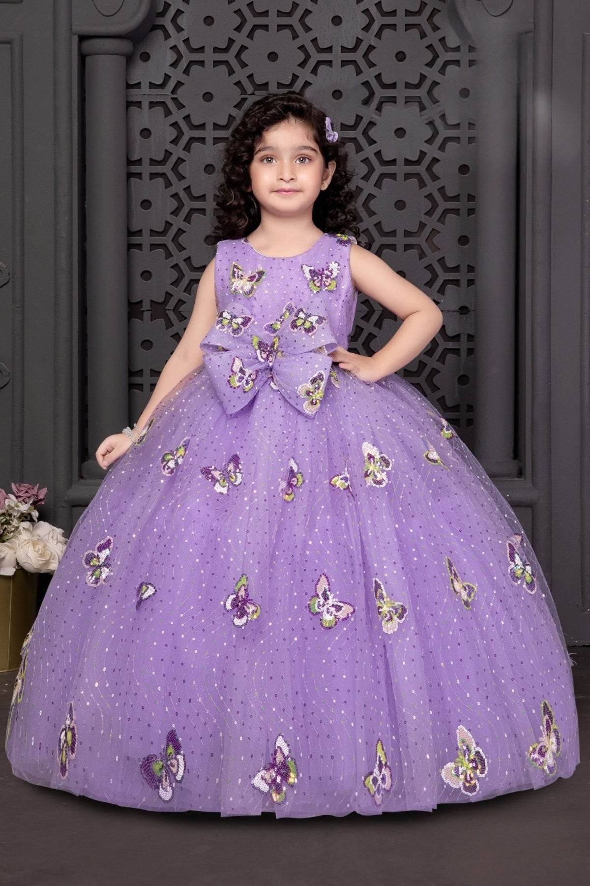 Lavender Butterfly Princess Ball Long Gown | Party Wear Kids Dress for Girls