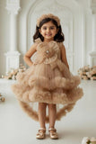 Champagne Brown Rose Royal Couture Short Frock | Party Wear Kids Dress for Girls