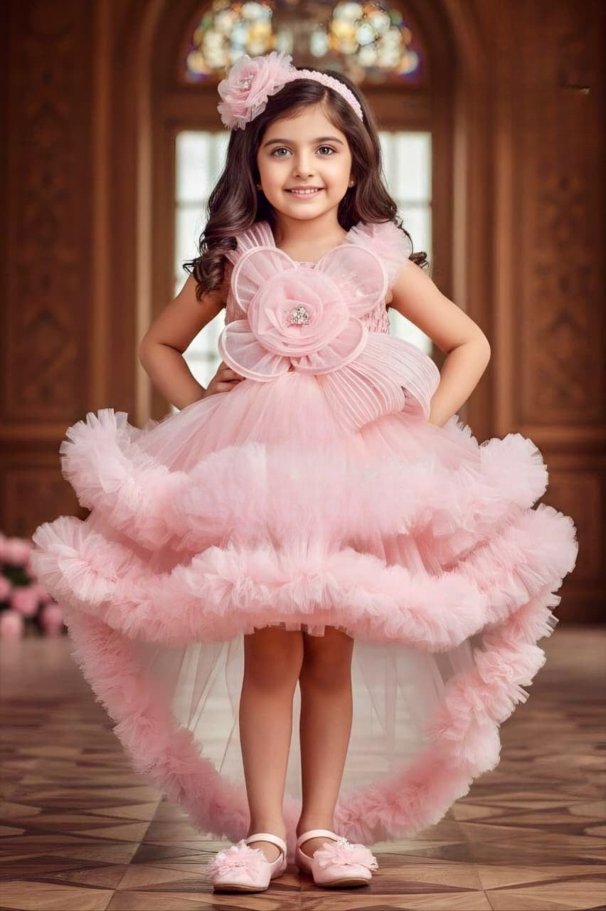 Blush Peach Rose Royal Couture Short Frock | Party Wear Kids Dress for Girls