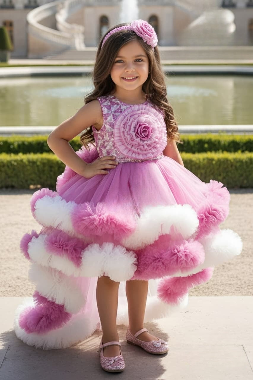 Blush Pink Royale Grand Bloom Couture Short Frock | Party Wear Kids Dress for Girls