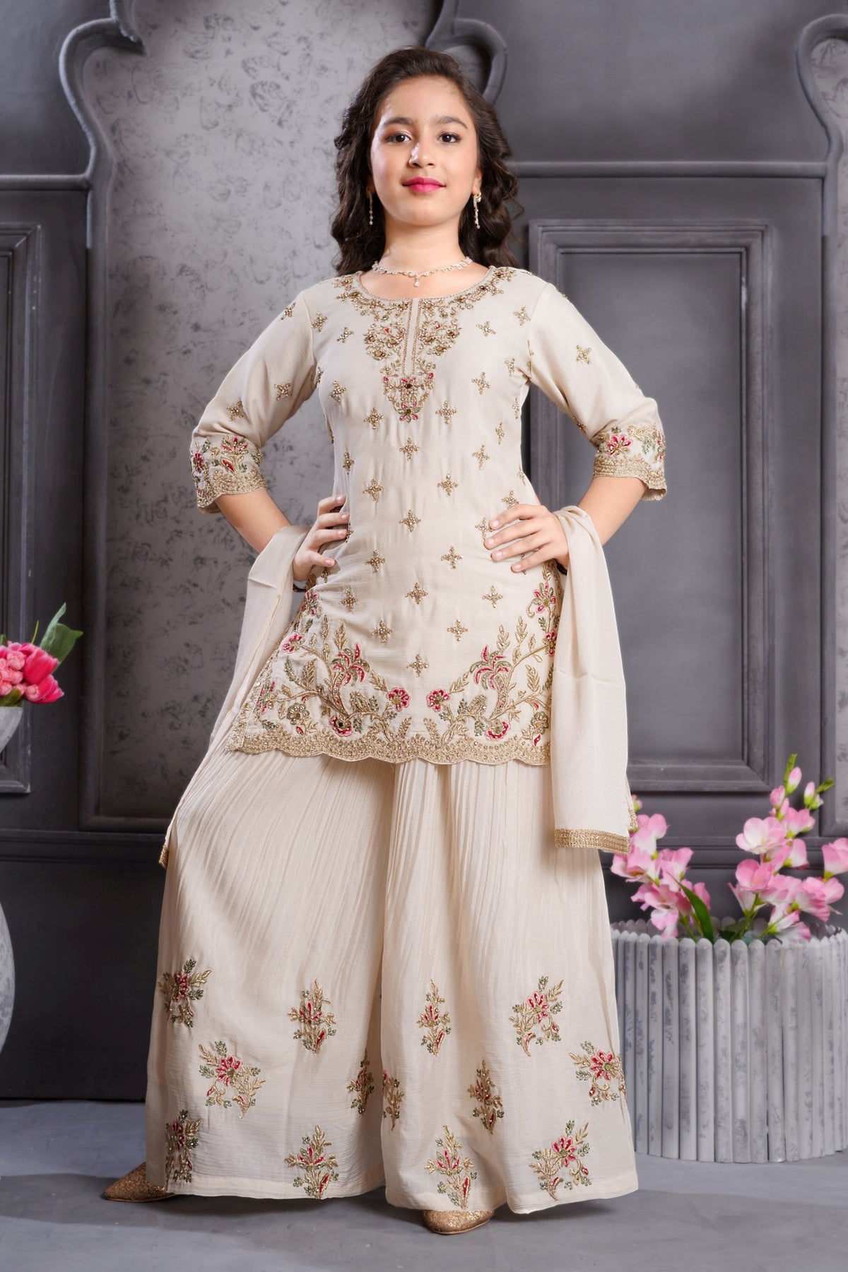 Noor Ivory Cream Festive Sharara Set | Kids Ethnic Outfit for Girls