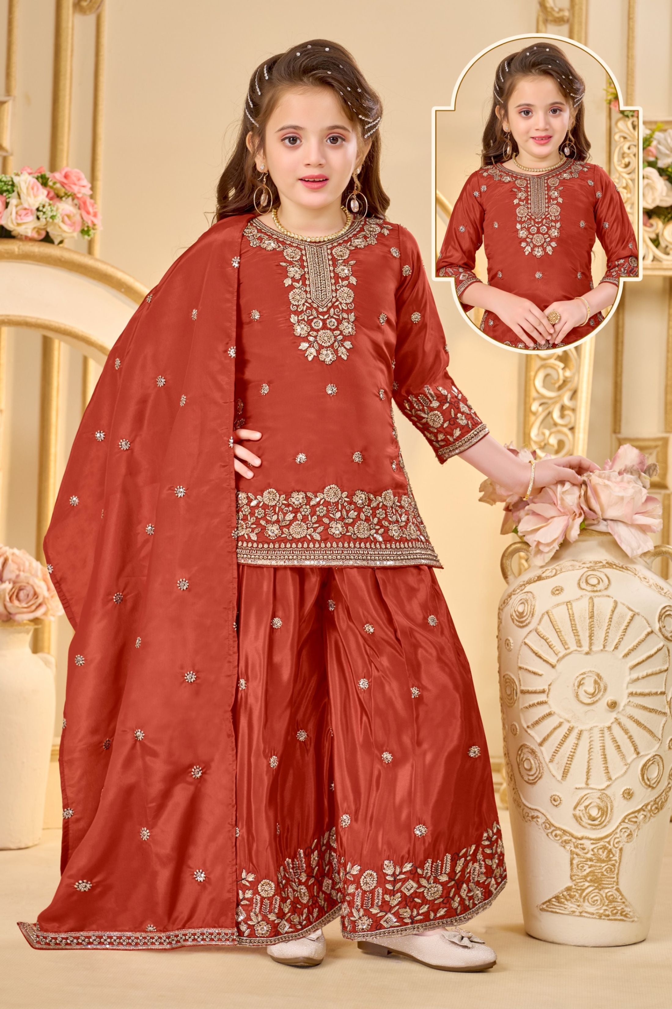 Rust Orange Royale Festive Sharara Set | Kids Ethnic Outfit for Girls