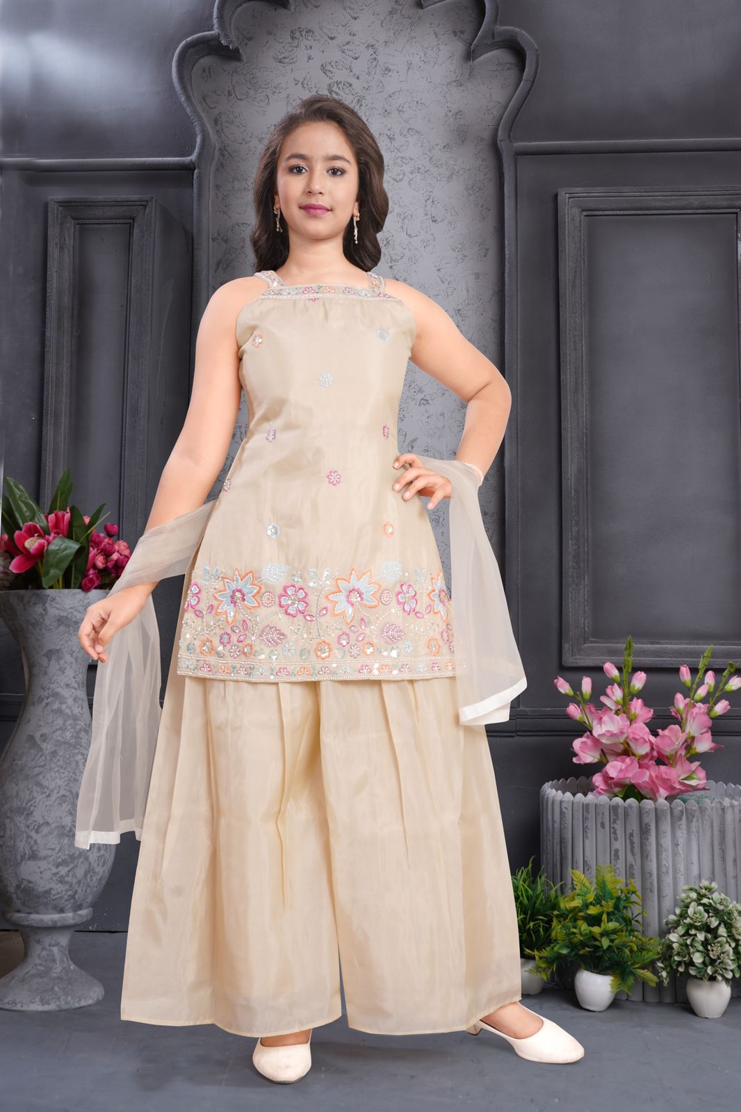 Ivory Cream Blossom Festive Sharara Set | Kids Ethnic Outfit for Girls