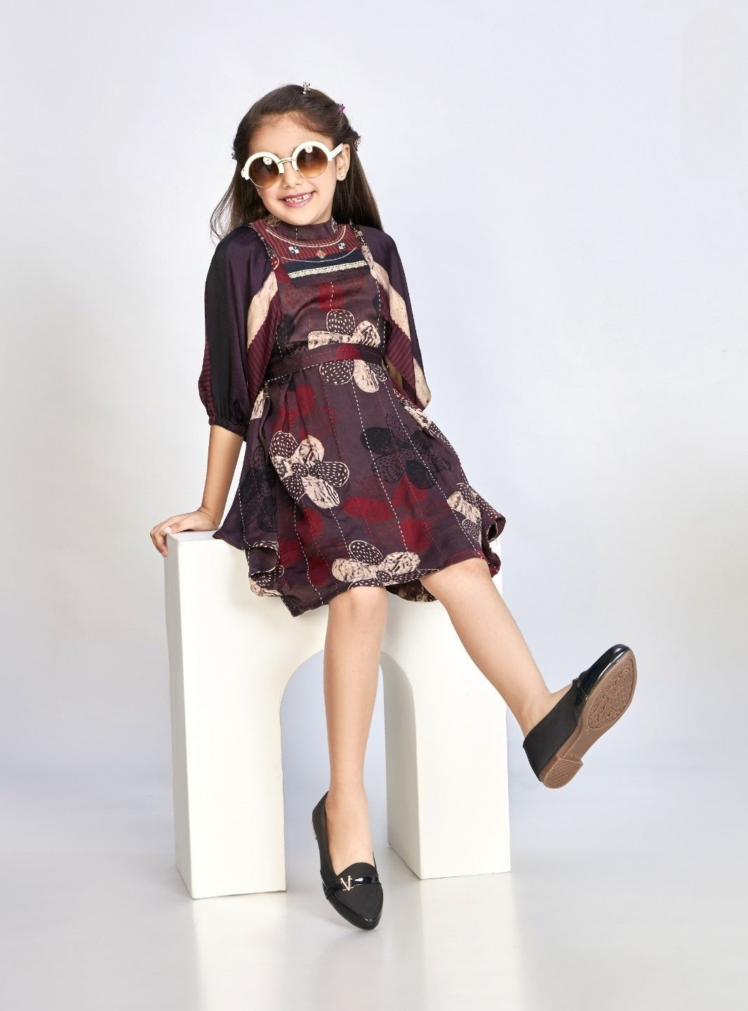 Girls Maroon Printed A-Line Dress | Kids Casual Wear