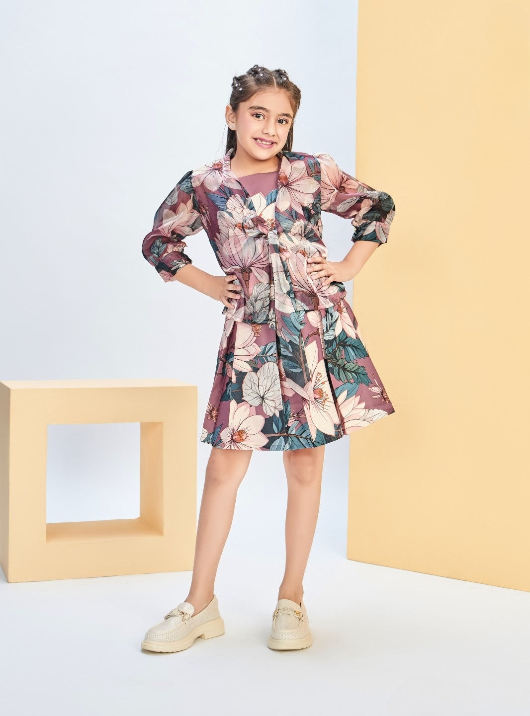 Girls Brown Floral A-Line Dress with Jacket | Kids Stylish Casual Wear