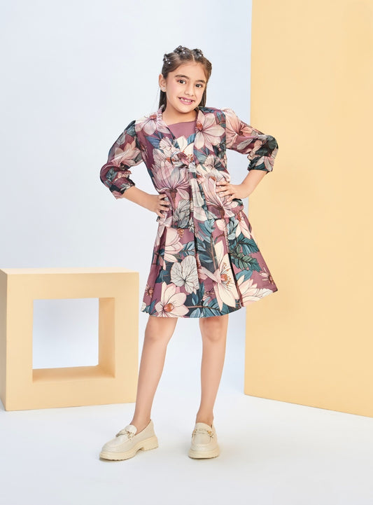 Girls Brown Floral A-Line Dress with Jacket | Kids Stylish Casual Wear