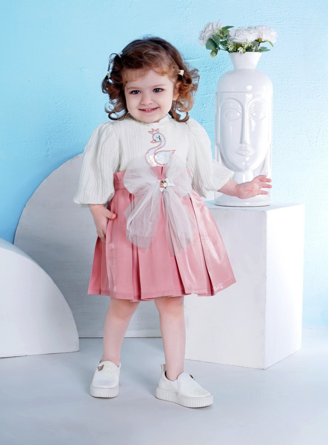 Baby Girls Pink & Ivory Swan Embroidered Party Wear| Birthday & Occasion Dress