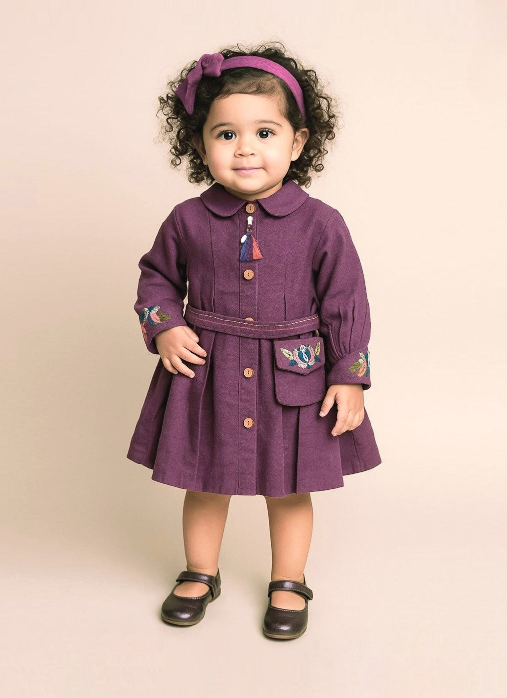 Baby Girls Plum Purple Shirt Dress with Belt |  Casual & Party Wear For Girls