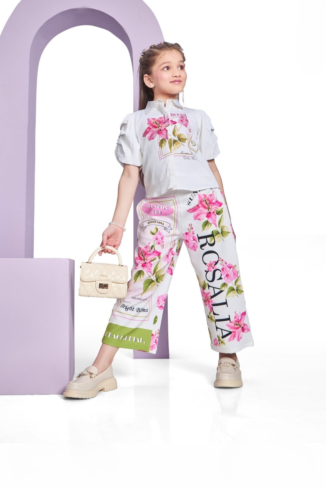 Girls White Floral Printed Co-Ord Set with Wide-Leg Pants | Kids Casual Wear