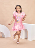 Girls Pink Floral Applique Dress with Ruffle Hem | Kids Party Wear Dress
